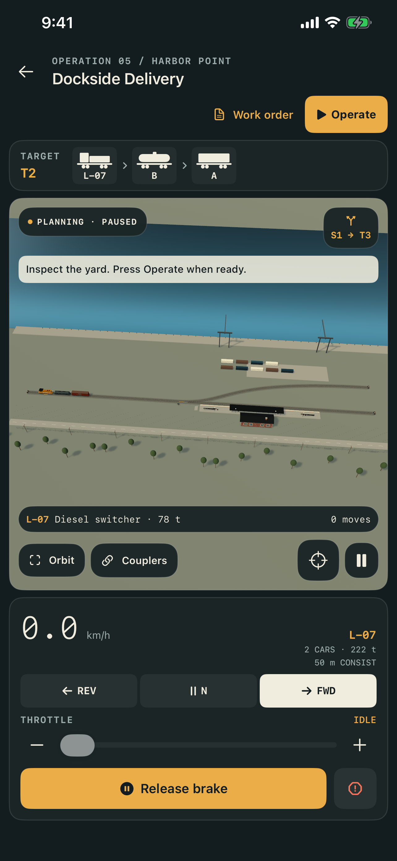YARDMASTER 3D gameplay showing a railway yard and train controls